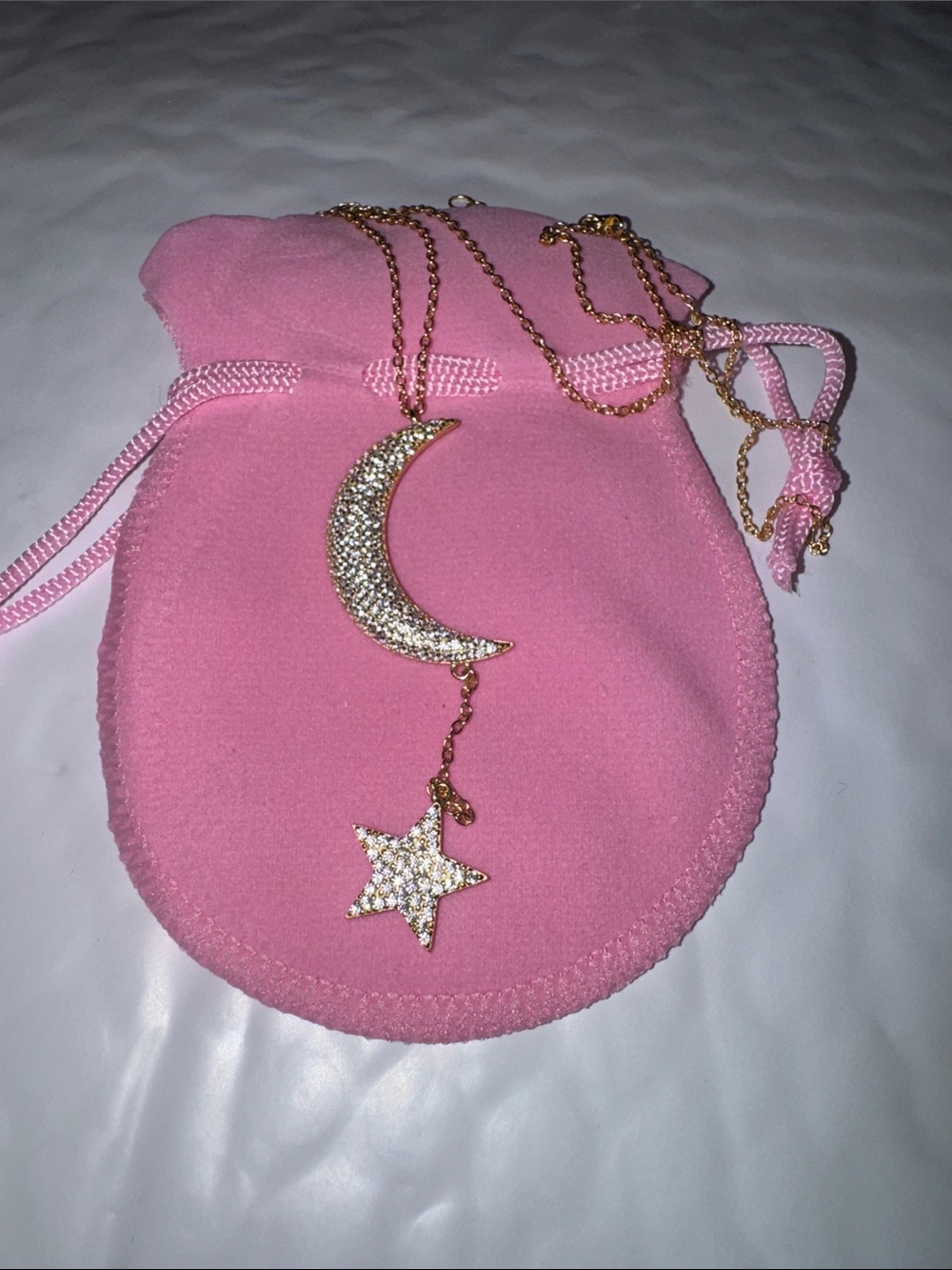 Gold Crystal Crescent Moon and Star Necklace in Pink